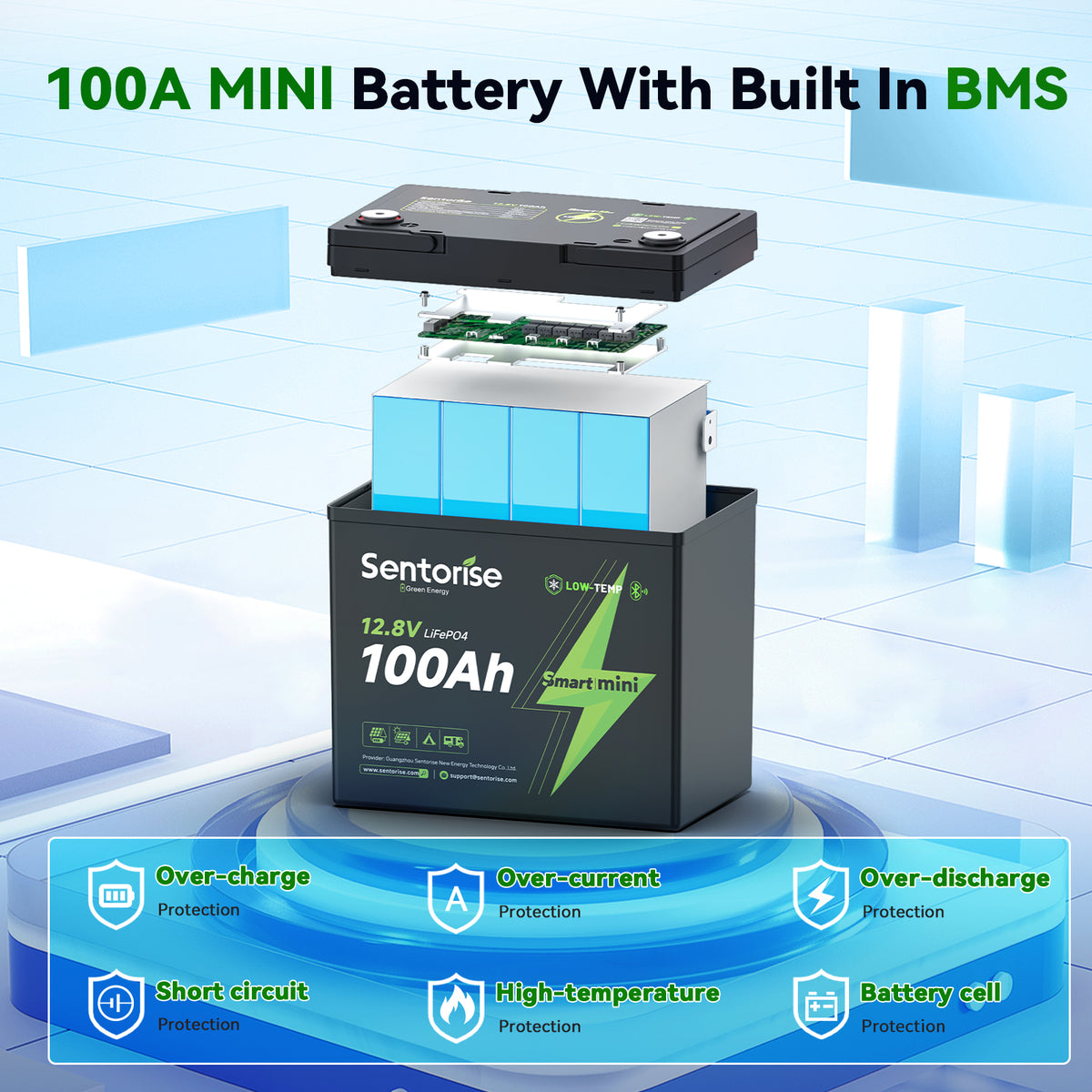 Batterie LiFePO4 Sentorise 12 V 100 Ah SuperMini avec Bluetooth