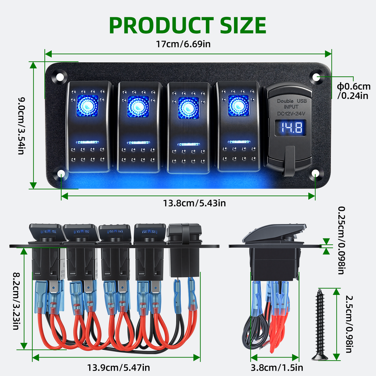 4 Gang 12V/24V Switch Panel with USB-C and Voltmeter