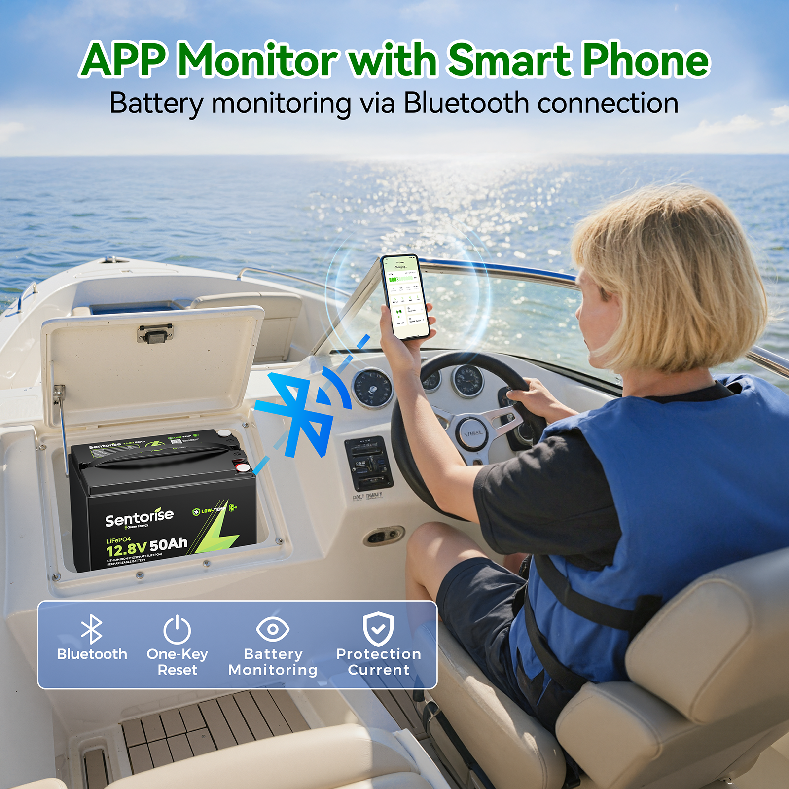 Sentorise 12V 50Ah LiFePO₄ Lithium Battery for Marine, RV, Fish Finder