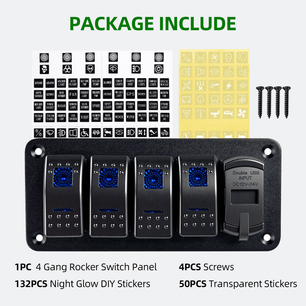 4 Gang 12V/24V Switch Panel with USB-C and Voltmeter