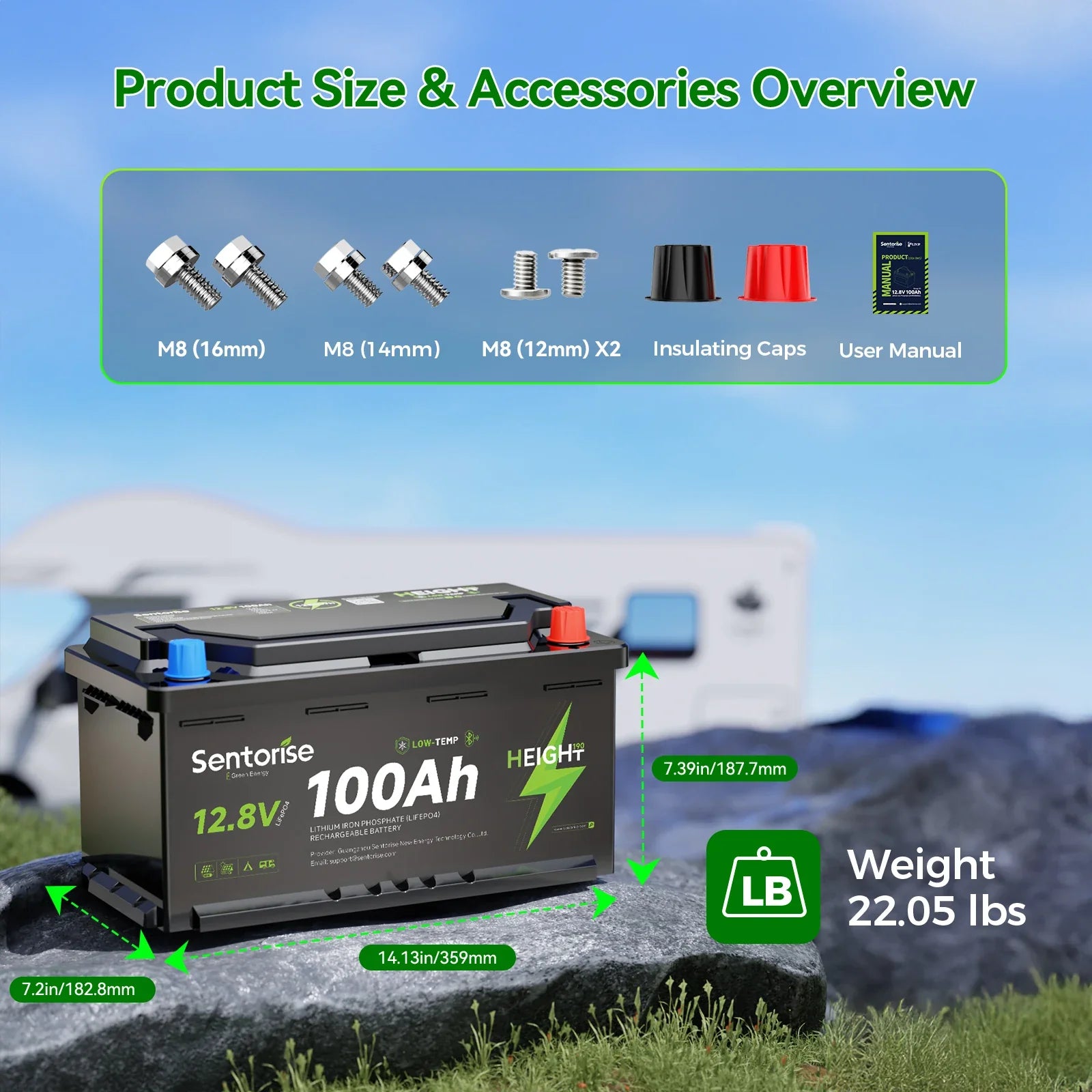 Sentorise 12V 100Ah Underfloor Bluetooth LiFePO4 Battery dimensions guide