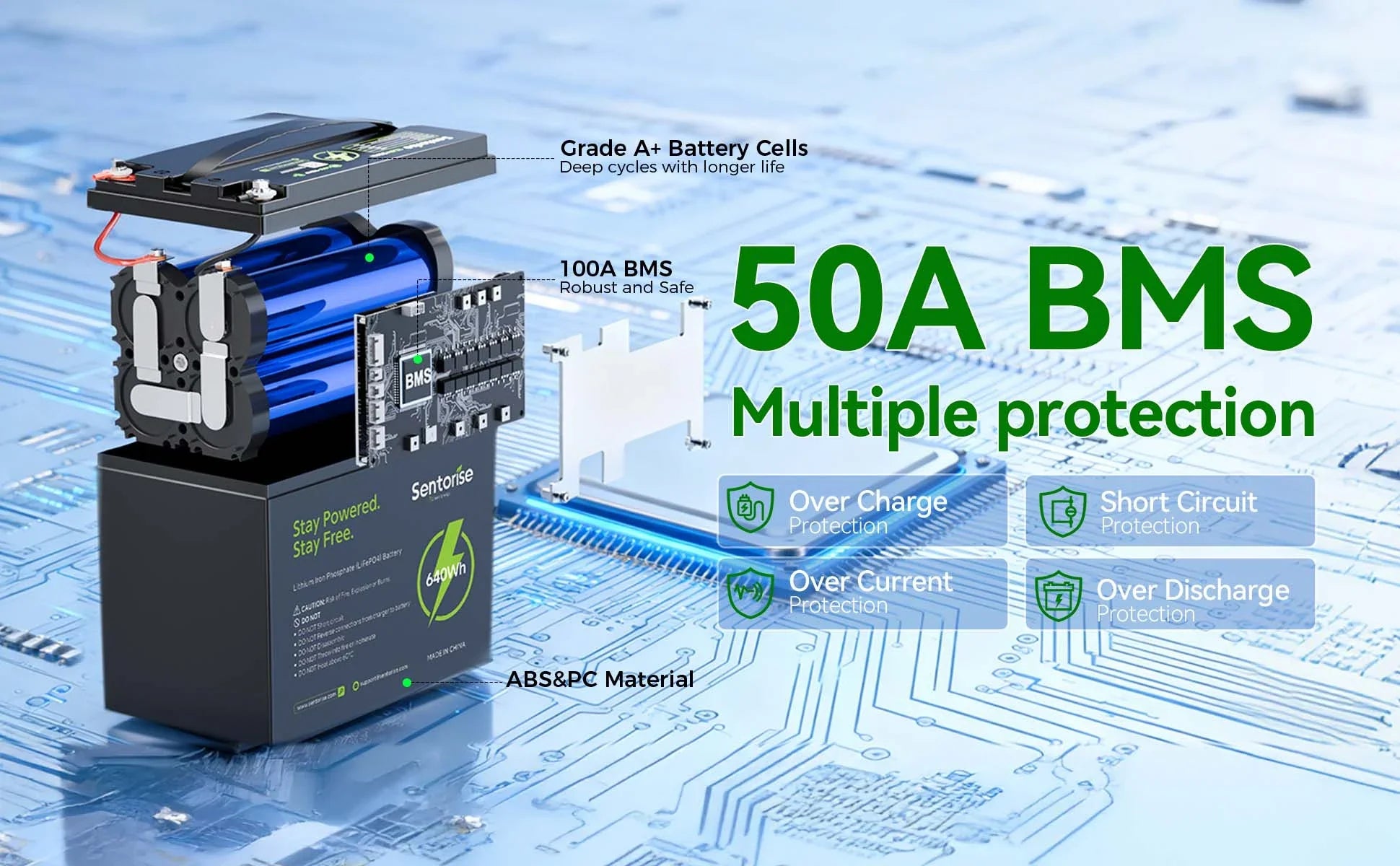Sentorise 12V 50Ah Bluetooth LiFePO4 Battery feature overview