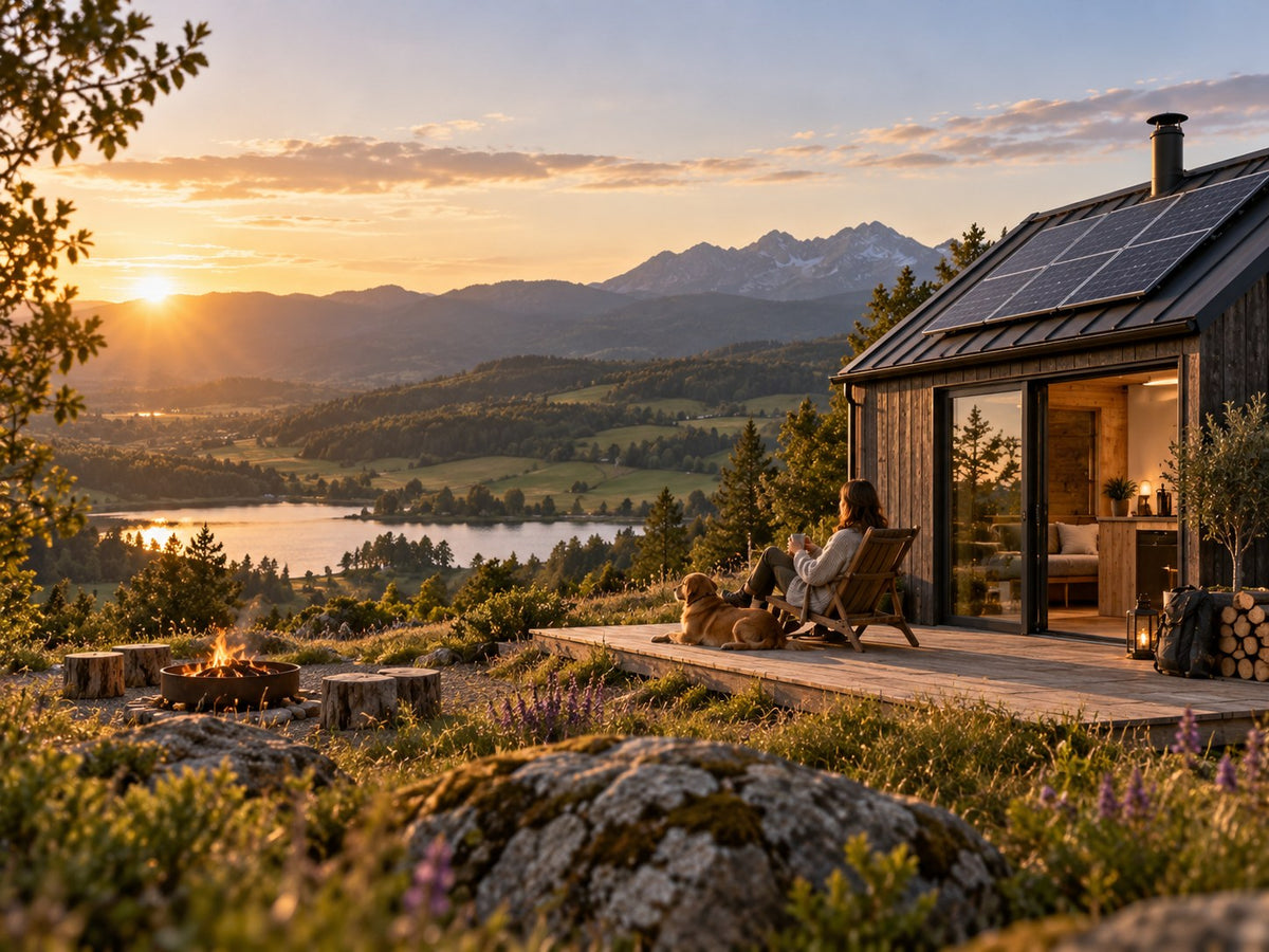 Off-grid cabin in a mountain landscape