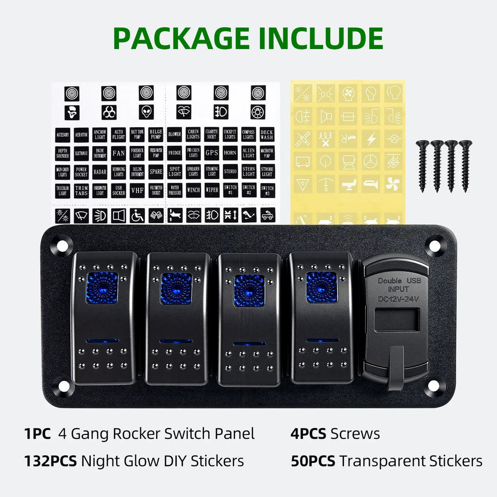 Sentorise 4 Gang 12V/24V Switch Panel with USB-C and Voltmeter package contents