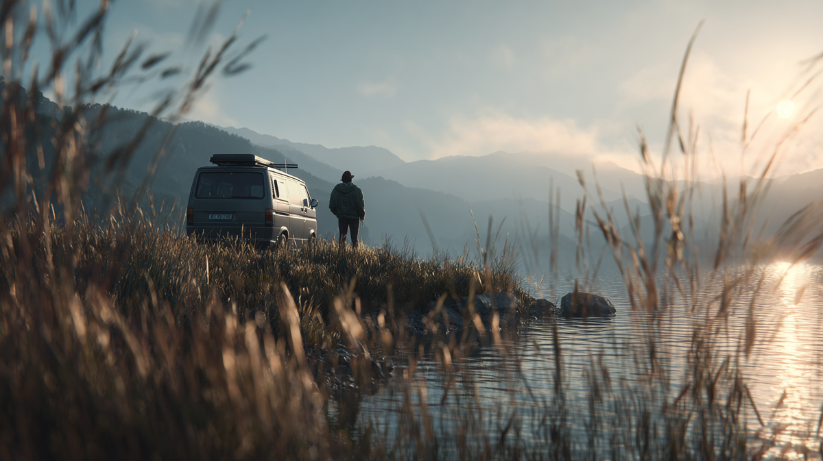 Illustrative vanlife scene beside a lake.