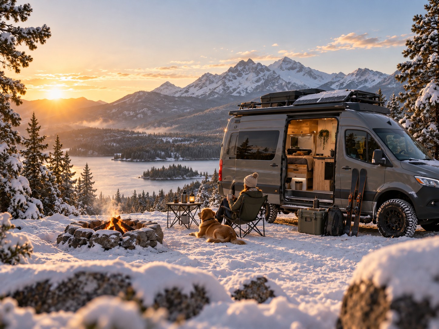 Illustrative winter campervan campsite in a snowy mountain setting. AI-generated lifestyle scene; not a battery temperature test.